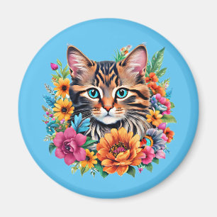 Katze in farbenfrohem Blumenkranz Magnet