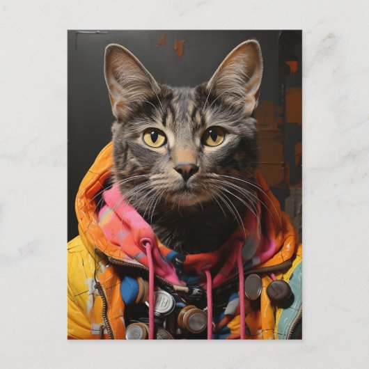 Katze in farbenfrohen Hoodie und Jacket AI Art Postkarte (Vorderseite)