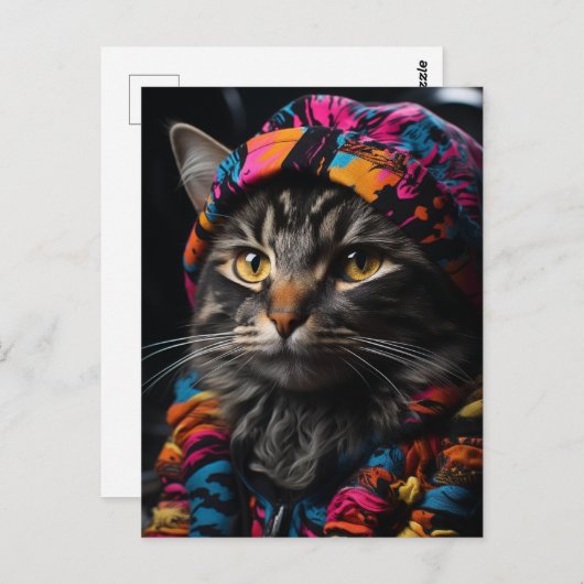 Katze in farbenfroher Retro-Kleidung Postkarte (Vorne/Hinten)