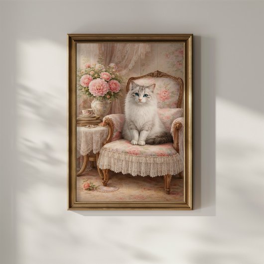 Katze in floralem Sessel Poster