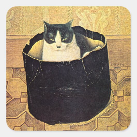 Katze in Hatbox, Solomon Meijer Quadratischer Aufkleber (Vorderseite)