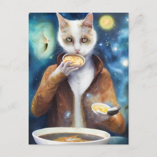 Katze in Jumpsuit Essen Suppe KI generiert Kunst Postkarte (Vorderseite)
