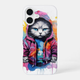 Katze in Kapuzenpullover Buntes Graffiti iPhone 16 Hülle