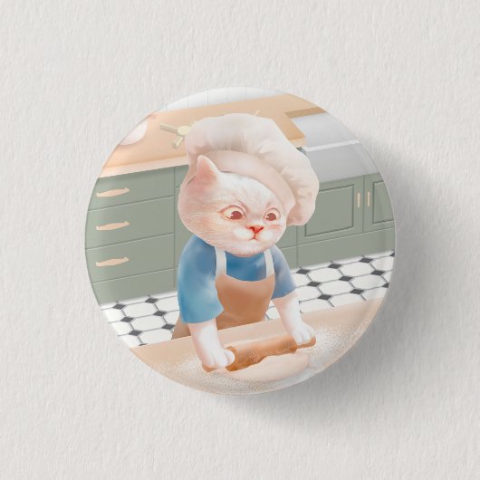 Katze in Koch Hat Teig in Küche rollen Button (Vorderseite)