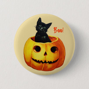 Katze in Kürbis-Vintagem Halloween-Knopf Button