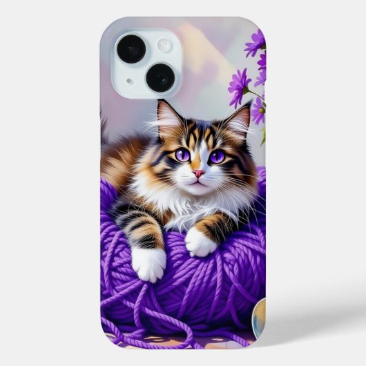 Katze in lila Garn und Blumen Case-Mate iPhone Hülle (Rückseite)