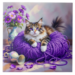 Katze in lila Garn und Blumen Fliese
