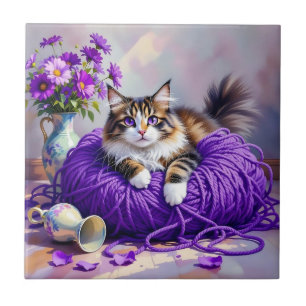 Katze in lila Garn und Blumen Fliese