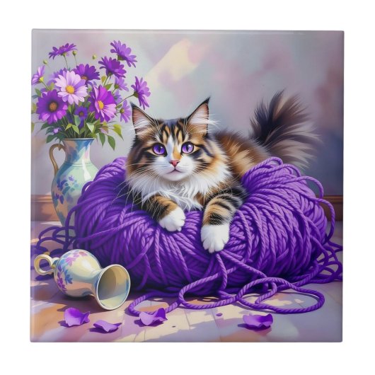 Katze in lila Garn und Blumen   Fliese (Vorderseite)