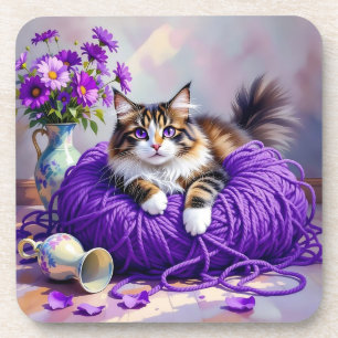 Katze in lila Garn und Blumen   Getränkeuntersetzer