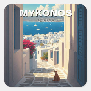 Katze in Mykonos Greece Cyclades Travel Quadratischer Aufkleber
