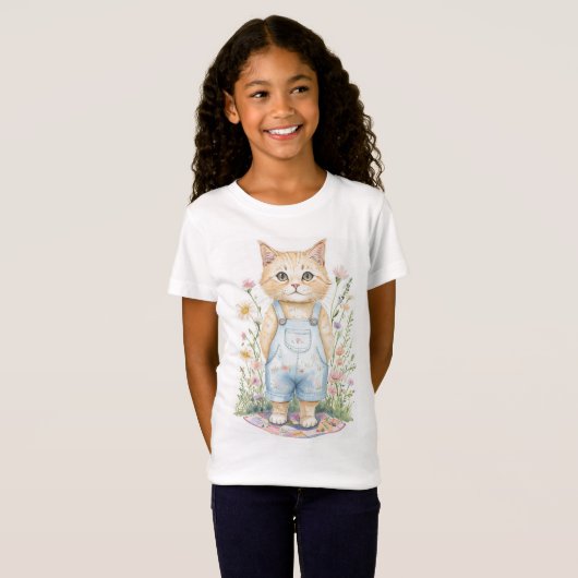 Katze in Overalls in Wildblumen T - Shirt (Vorne ganz)