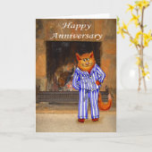 Katze in Pajamas, glücklicher Jahrestag Karte (Gelbe Blume)