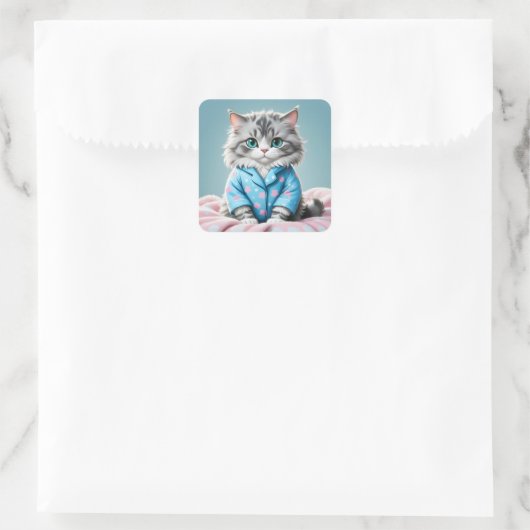 Katze in Pajamas Quadratischer Aufkleber (Tasche)