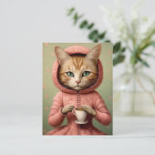 Katze in rosa Coat mit Kaffee Postkarte (Stehend Vorderseite)