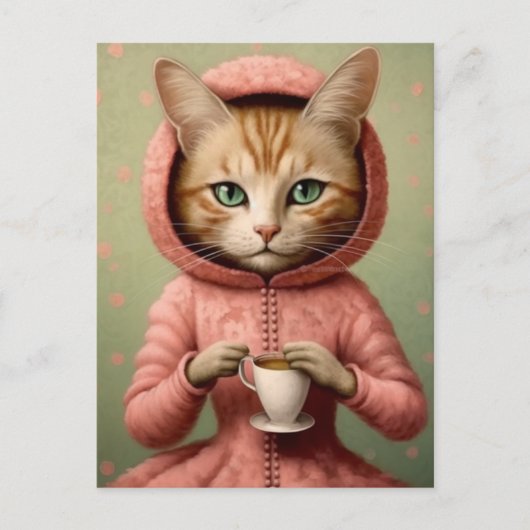 Katze in rosa Coat mit Kaffee Postkarte (Vorderseite)