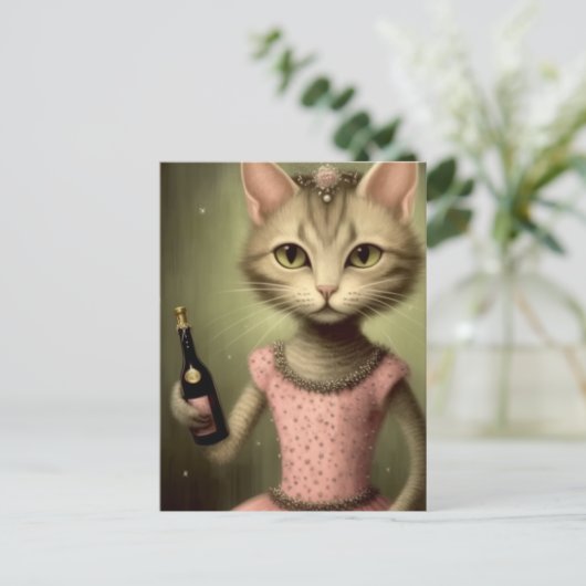 Katze in rosa Kleid Postkarte (Stehend Vorderseite)