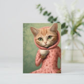 Katze in rosa mit Kaffee Postkarte (Stehend Vorderseite)