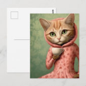 Katze in rosa mit Kaffee Postkarte (Vorne/Hinten)