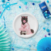 Katze in rosa Robe mit Lockenwicklern und Bubble-G Pappteller (Party)