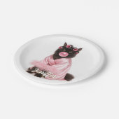 Katze in rosa Robe mit Lockenwicklern und Bubble-G Pappteller (Schrägansicht)