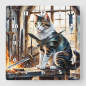 Katze in Rüstung umgeben von Schwertern bei Morgen Quadratische Wanduhr (Vorderseite)