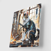 Katze in Rüstung umgeben von Schwertern bei Morgen Quadratische Wanduhr (Winkel)