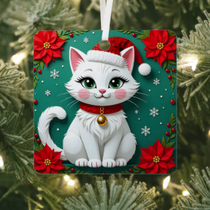 Katze in Santa-Hut Poinsettien Festive Weihnachten Ornament Aus Metall