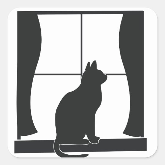 Katze in Silhouette Sitzend im Fenster Quadratischer Aufkleber (Vorderseite)