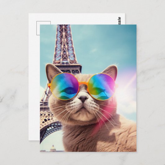 Katze in Sonnenbrille in Paris Postkarte (Vorne/Hinten)