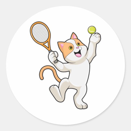 Katze in Tennis mit Tennisschläger Runder Aufkleber (Vorderseite)