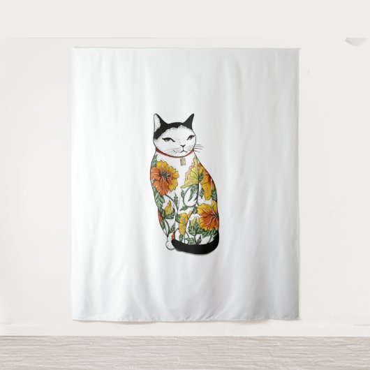 Katze in Tiger Blume Tattoo Wandteppich (Vorderseite)