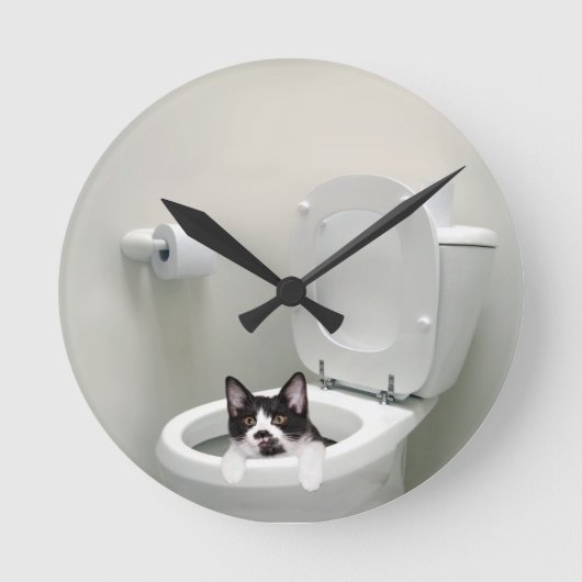 Katze in Toilettenschüssel Runde Wanduhr (Vorderseite)