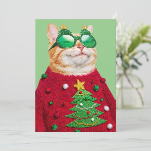 Katze in Ugly Christmas Sweater Einladung (Stehend Vorderseite)