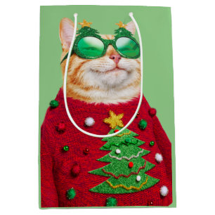 Katze in Ugly Christmas Sweater Mittlere Geschenktüte