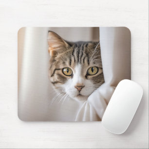 Katze in Vorhängen Mousepad