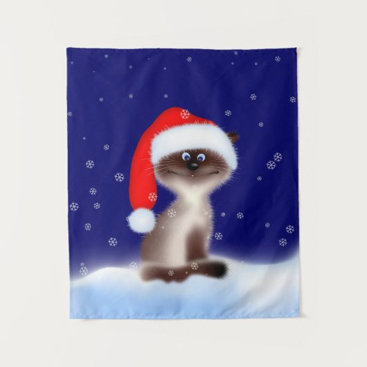Katze in Weihnachtsmannmütze Wandteppich (Vorderseite)