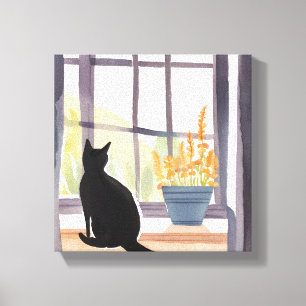 Katze in Windows   Silhouette Wasserfarbe Leinwanddruck
