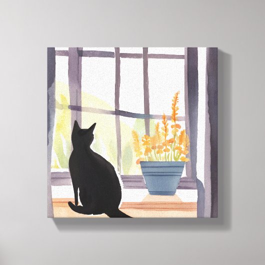 Katze in Windows | Silhouette Wasserfarbe Leinwanddruck (Vorderseite)