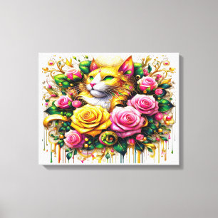 Katze inmitten einer lebendigen Blütenpracht 50x40 Leinwanddruck