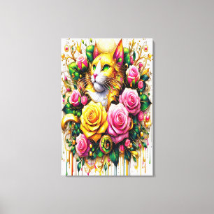 Katze inmitten einer lebendigen Blütenpracht 60x90 Leinwanddruck