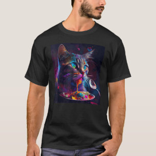 Katze isst Buntes T-Shirt