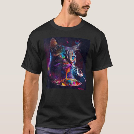 Katze isst Buntes T-Shirt (Vorderseite)
