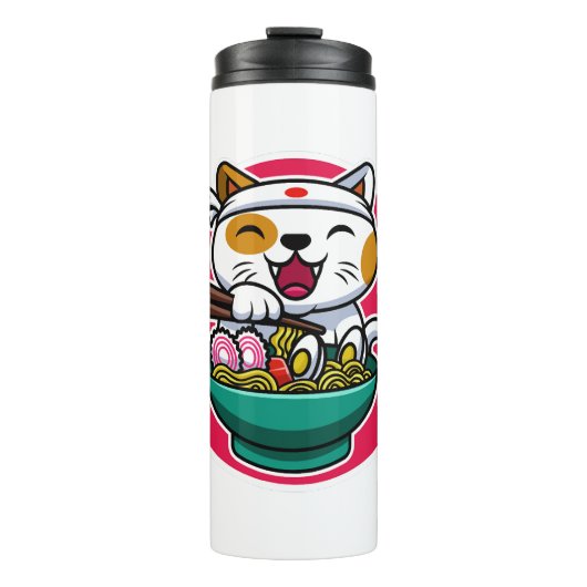 Katze isst Spaghetti Thermosbecher (Vorderseite)