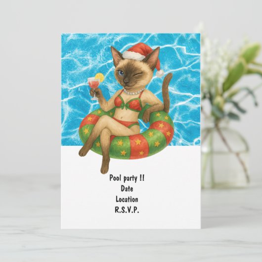 Katze ist am Pool für Poolparty Einladung (Stehend Vorderseite)