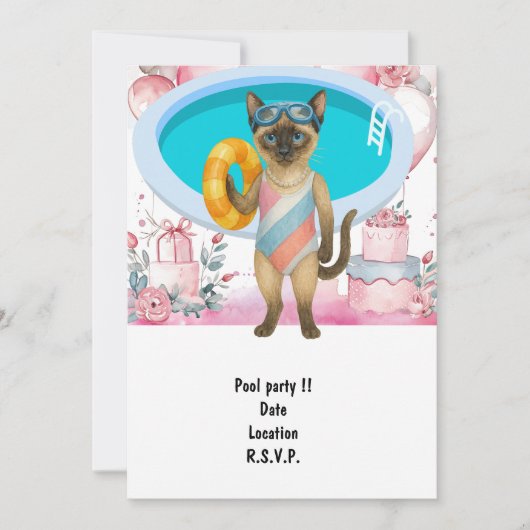 Katze ist bei der Poolparty am Pool Einladung (Vorderseite)
