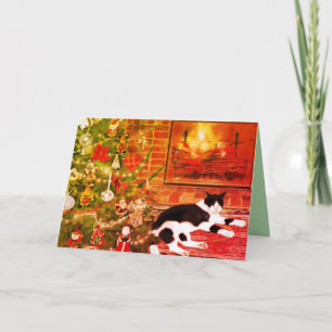 Katze Kamin Feuer brennender Weihnachtsbaumschmuck Feiertagskarte