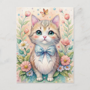 Katze Kätzchen Pastell Schleife Wildblumen  Postkarte