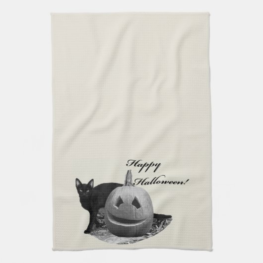 Katze & Kürbis Frohes Halloween Geschirrtuch (Vertikal)