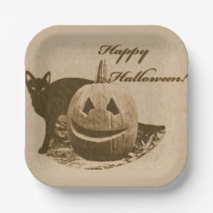 Katze & Kürbis Frohes Halloween Pappteller